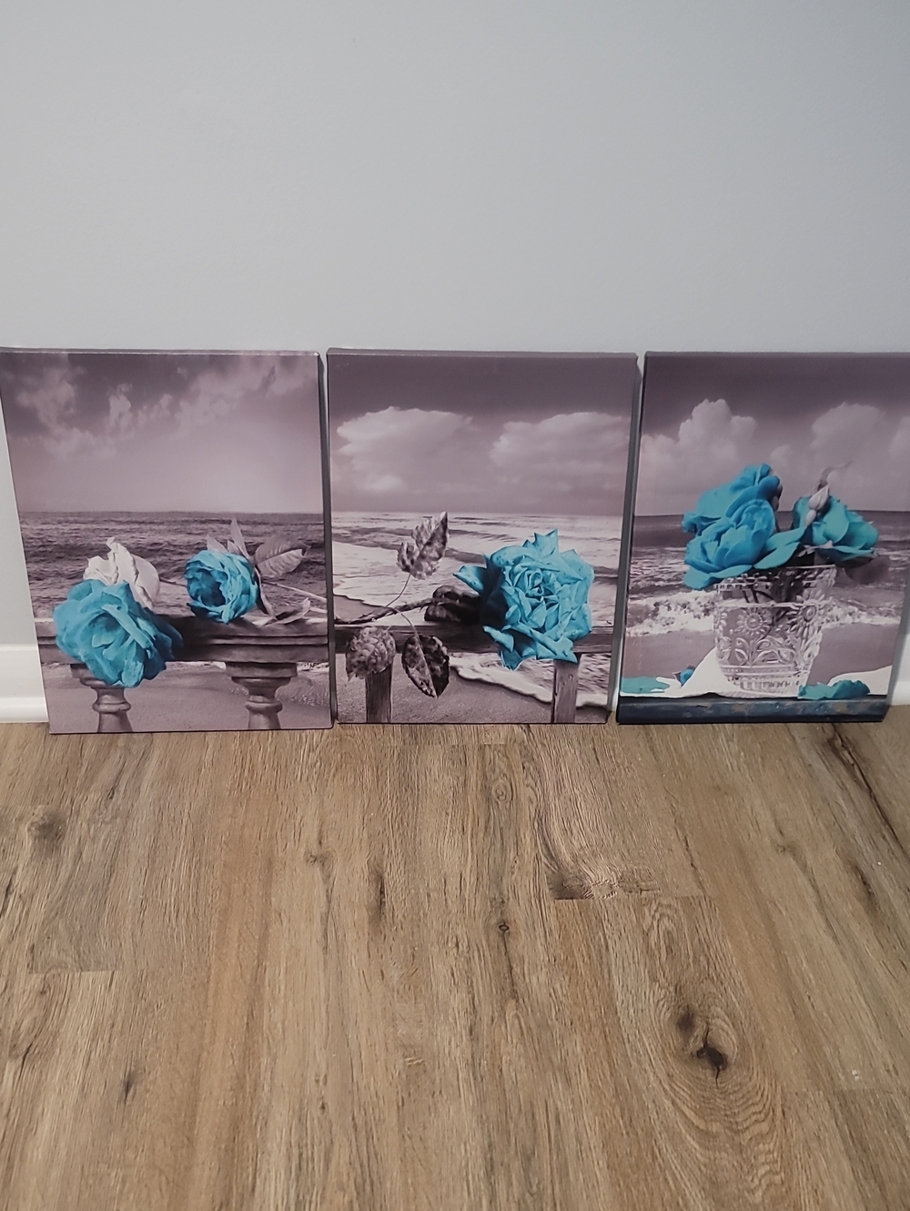 Triptych Canvas Wall Art with Teal Blue Roses